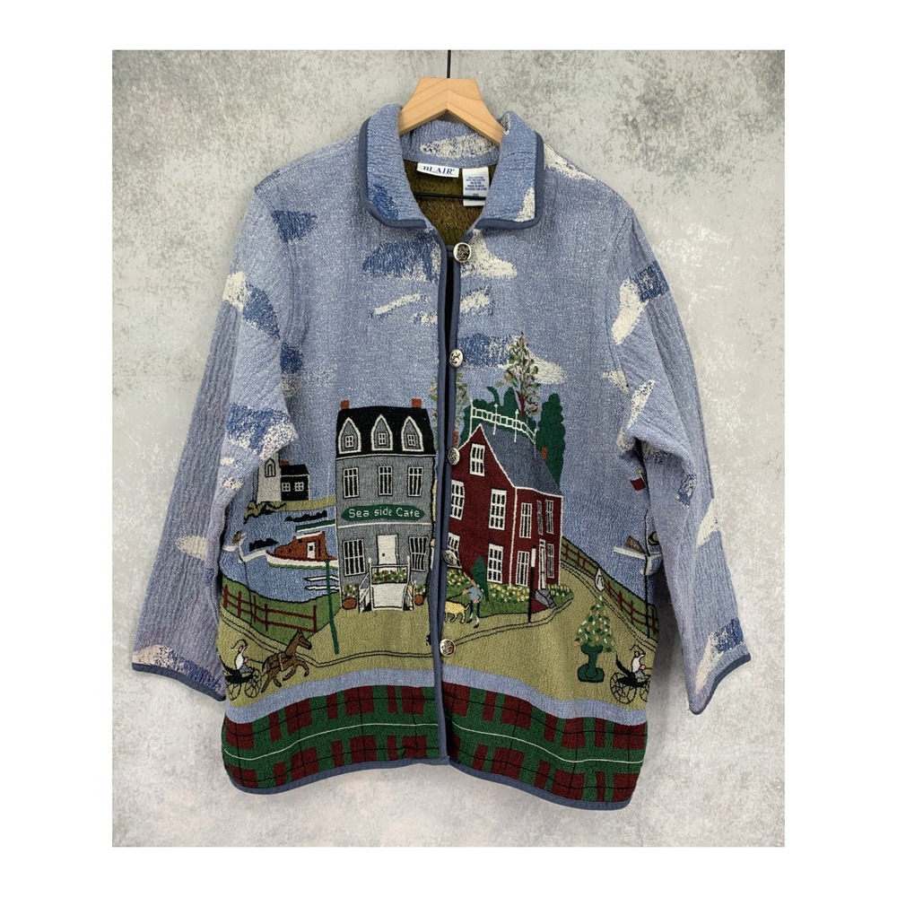 Vintage Blair Tapestry Jacket Womens 3XL Blue Seaside Cafe Scenic Coastal